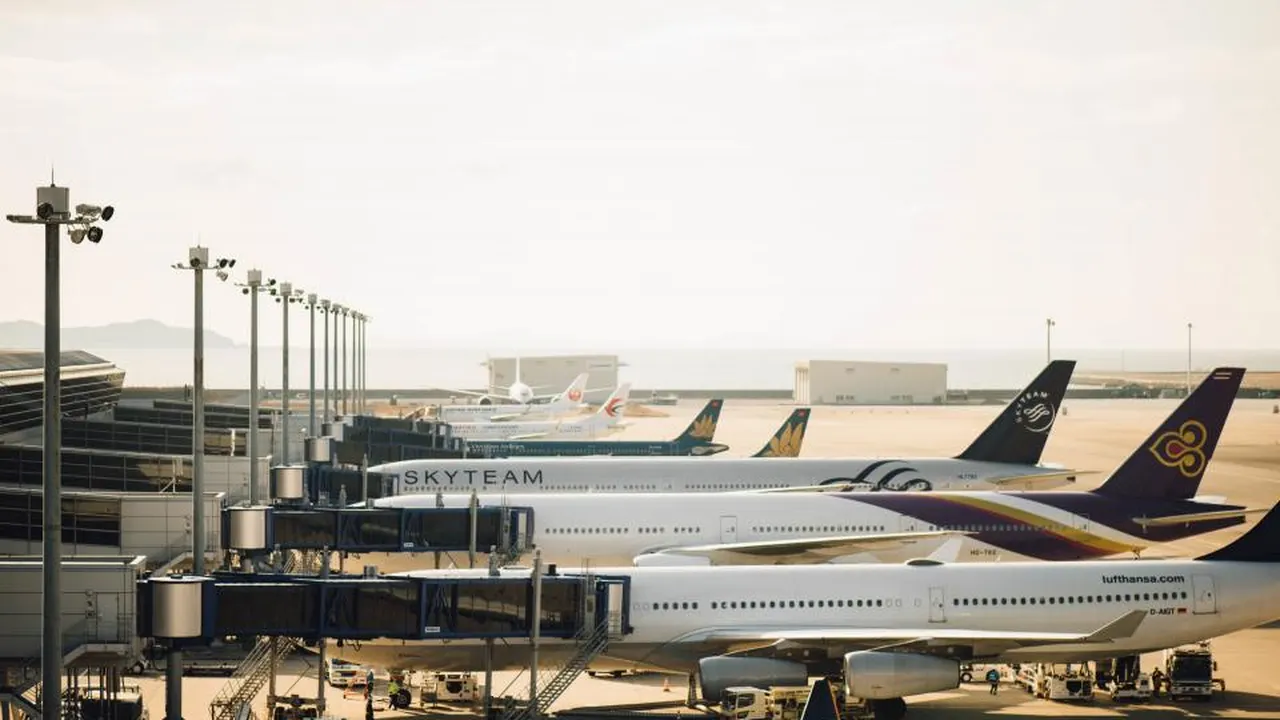 Airliners parked at airport gates