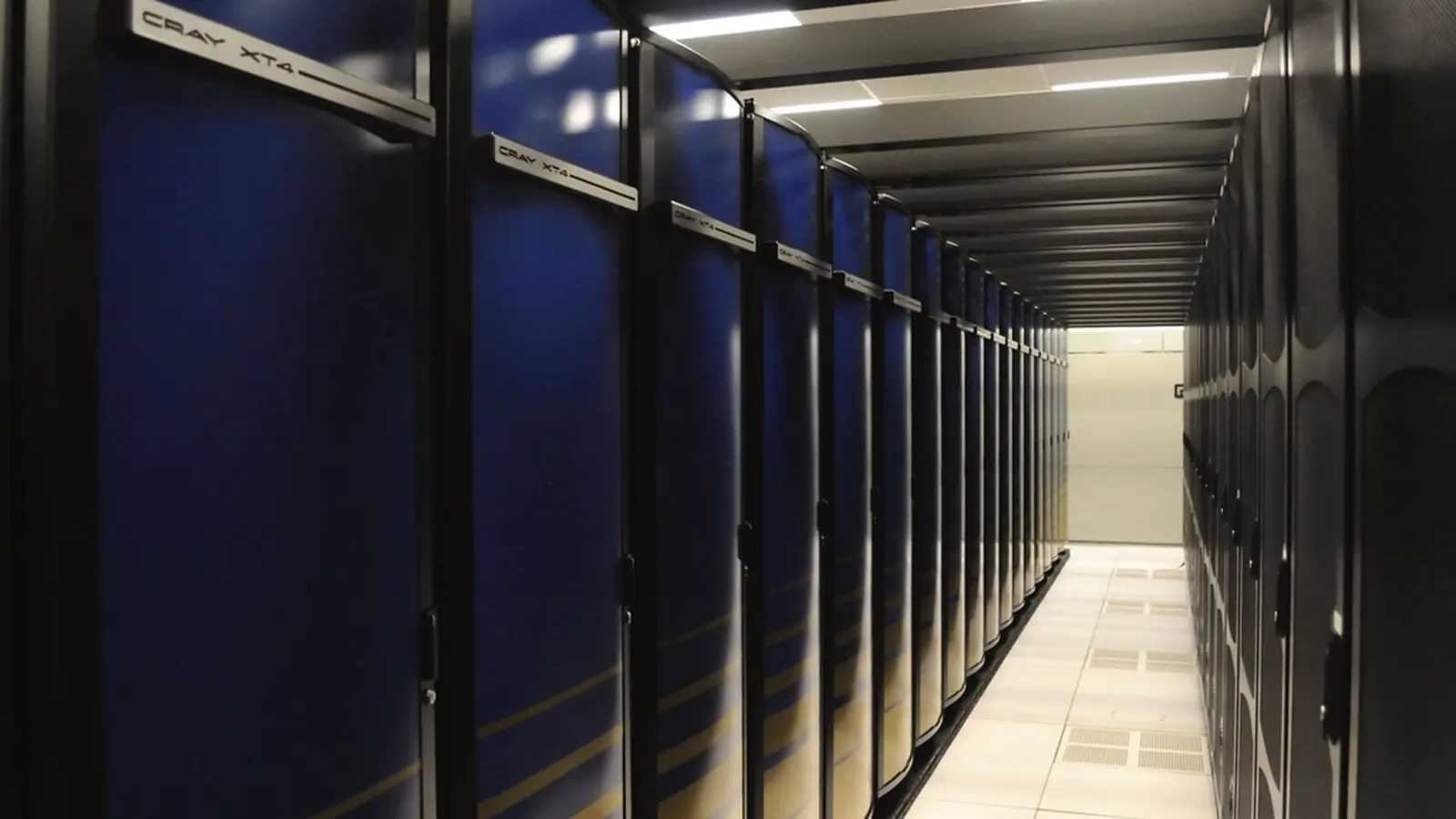 Aisle between rows of server racks in a data centre