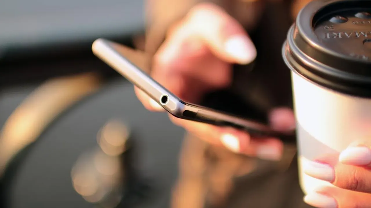 Hand holding a smartphone, coffee cup behind