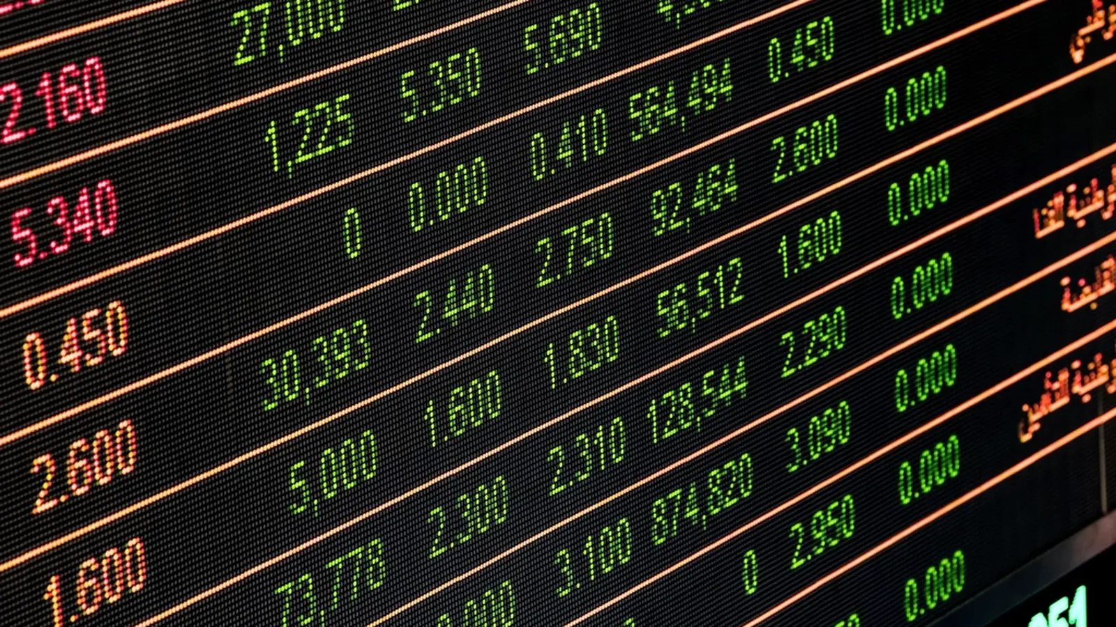 Stock exchange price board with rows of figures